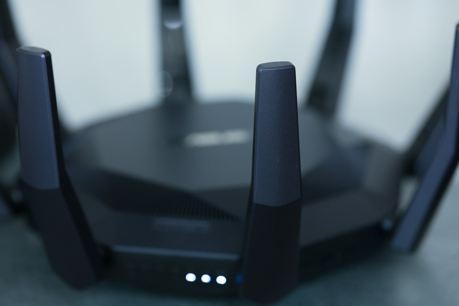 A close-up of a wireless router.