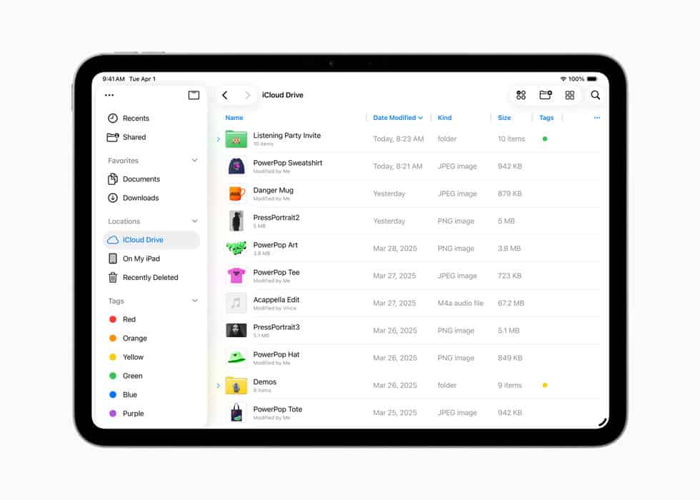 The new List View is shown in the Files app.