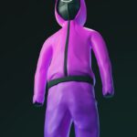 a person in a purple suit with a black hood