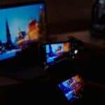 a room with a couple of screens