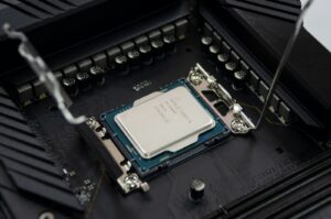 a close up of a cpu on top of a motherboard